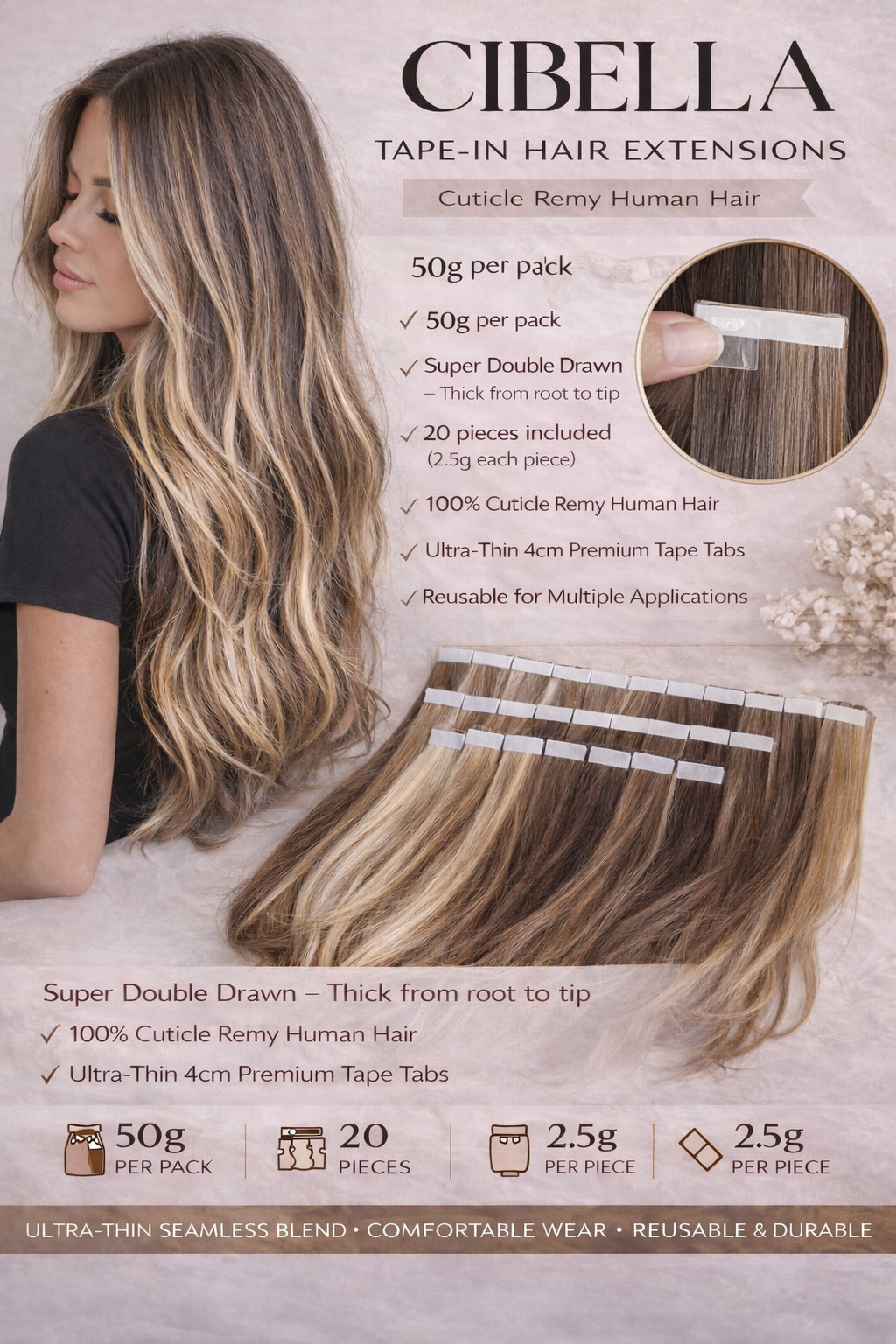 Tape-In Hair Extensions Russian Virgin Remy human hair